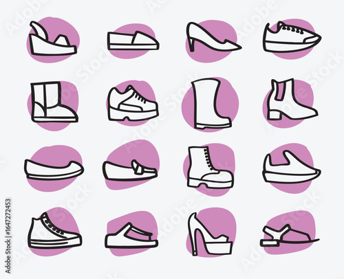 Women's shoes. Set of hand-drawn conceptual illustrations. Cartoon style in vector.