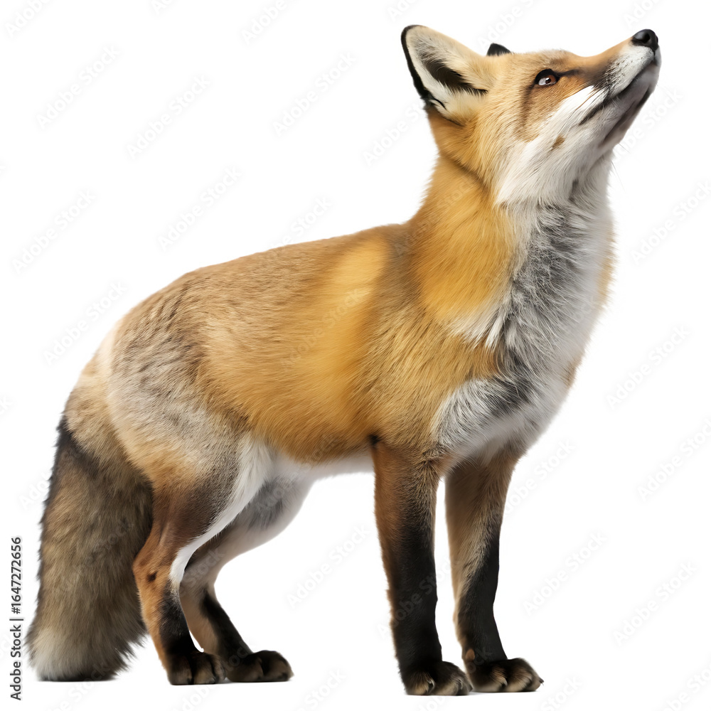 Fototapeta premium Red fox looking up isolated on a transparent background