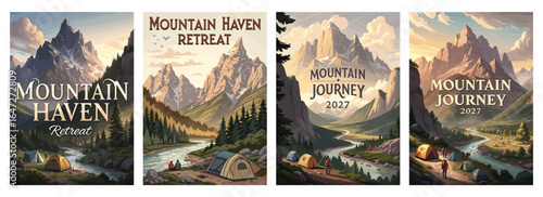 Illustration of serene mountain retreats featuring tents and rivers, evoking adventure and tranquility.