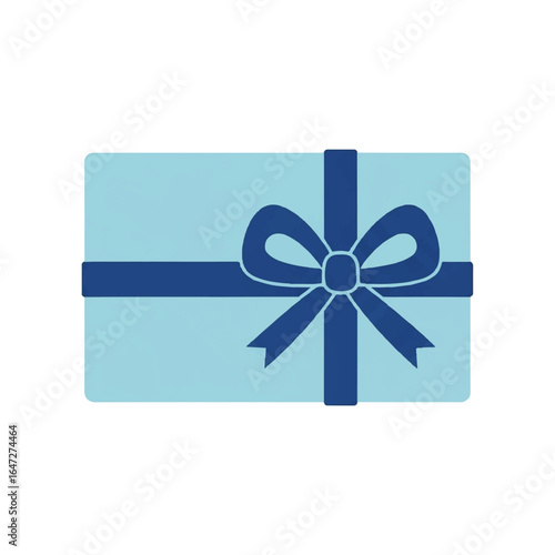 Simple flat vector illustration of a light blue gift card or present box tied with a dark blue ribbon and bow, isolated on a white background