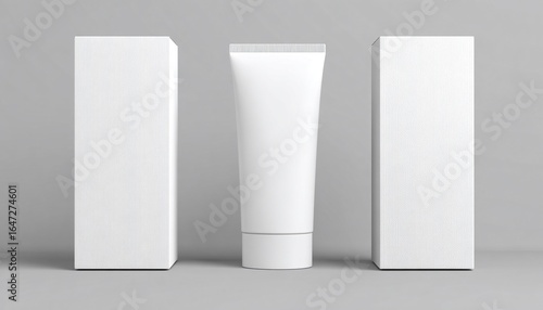 Tubo bianco di crema o lozione con scatola su sfondo grigio, concetto di prodotto di bellezza.
