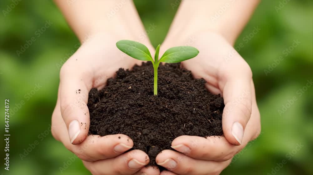 Hands Holding Sprout and Soil - Close-up view of two hands gently cradling a small, vibrant green sprout emerging from dark, rich soil. The background is blurred, showcasing a lush green environment. Hands Holding Sprout and Soil - Close-up view of two hands gently cradling a small, vibrant green sprout emerging from dark, rich soil. The background is blurred, showcasing a lush green environment.