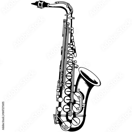 Saxophone Symphony: A sleek saxophone in black and white, poised to create a wave of musical harmony, stands ready against an invisible backdrop. This image portrays a tribute to musical brilliance