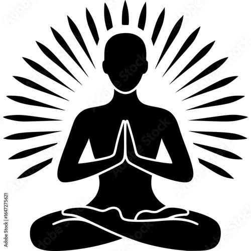 Meditation Silhouette: A tranquil silhouette of a person in deep meditation, radiating serenity and inner peace. The simple black and white design evokes a sense of calm and spiritual awareness.