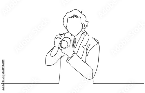 Continuous one line drawing of Photographer holding a camera taking picture vector illustration. Editable outline
