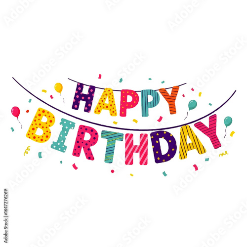 Colorful Happy Birthday Banner with Confetti and Balloons for Celebration