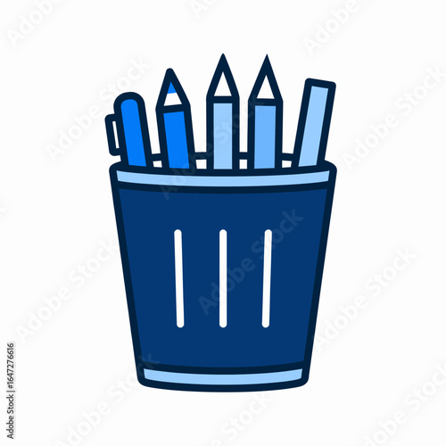 Vector illustration of a blue stationery cup filled with pens and pencils, an icon for office supplies, school, and creative work.