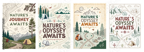Nature-themed illustration showcasing adventure, featuring camping scenes and outdoor landscapes.