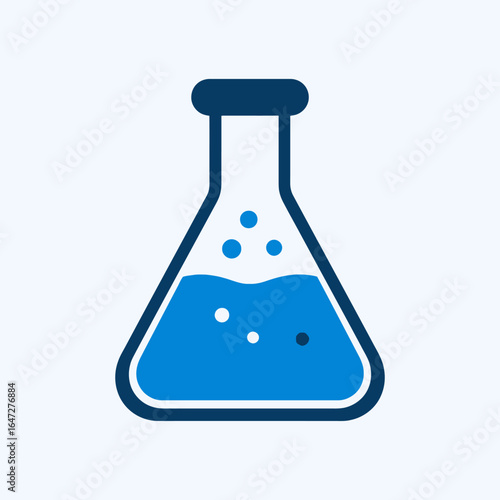 Blue Erlenmeyer flask icon with a bubbling chemical solution, a symbol for science, chemistry, and experiment.