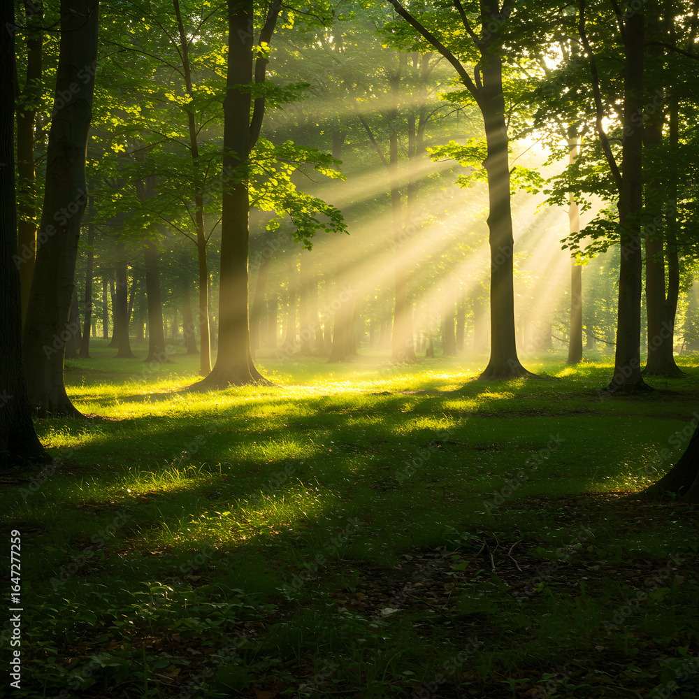 Fototapeta premium Sunlight streaming through trees illuminating a lush green forest with dense foliage and tall trunks