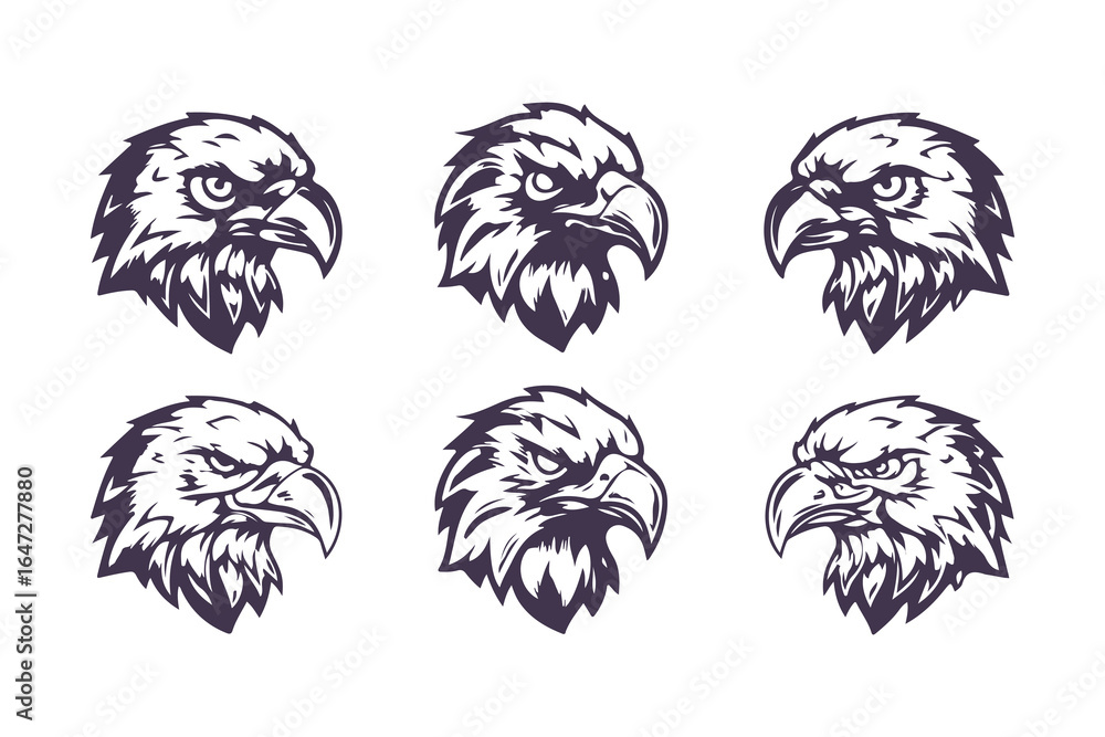 Obraz premium Set of eagle head icons. Aggressive hawk mascot logo collection. Graphic symbol of power and strength for sports, gaming, and tattoo design. Vector illustration.