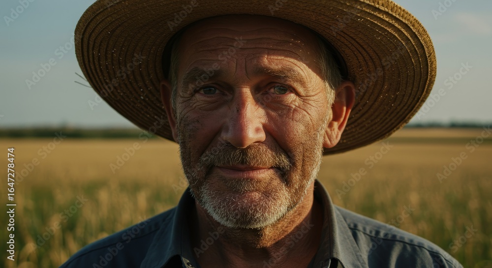 Fototapeta premium Close up portrait of an authentic old farmer man with a straw hat standing in a golden wheat field, concept of agriculture and harvest.