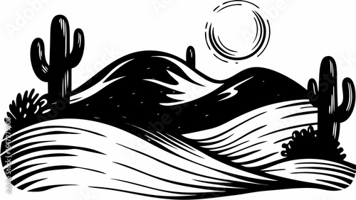 Illustration of a desert landscape with cacti, rolling hills, sun, and sparse vegetation in black and white silhouette