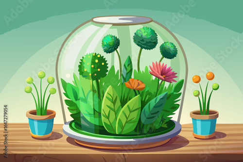 vector of Terrarium with glass pots in its own packaging and green fur with flowers planted in fur for beauty at home on the table...light background