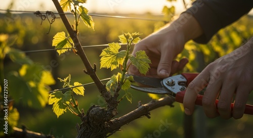 Man pruning a vine with grape shears in a vineyard. Agricultural concept of viticulture and farm work in summer.