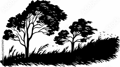 Silhouette of two trees in a field of grass with birds flying in the distance in black and white style