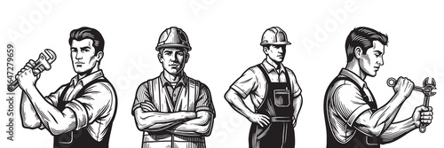 Illustrations of Plumbers and Construction Workers with Tools and Hard Hats Vector silhouette