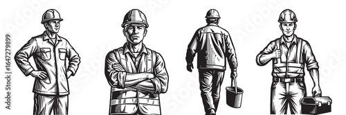 Construction Worker Silhouettes Laborers Builders Tradesmen Hardhats Outlines Line Art Workers