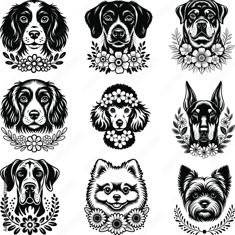 Obraz premium Dog Head With Flowers, Dog Clipart, Dog Silhouette 