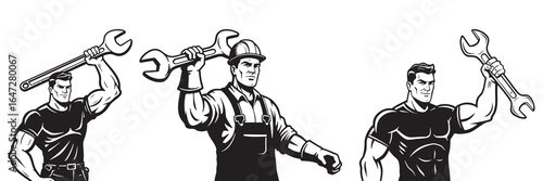 Construction Worker Muscle Power Lifting Wrench Heroic Comic Art Builder Mechanic Job silhouette
