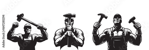 Strong workers silhouette illustration hardhat hammer shapes blacksmith construction muscular men