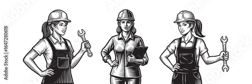 Empowered Women Tradeswomen Line Art Portraits of Construction Workers Builders Mechanics silhouette