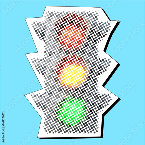Traffic light halftone dotted collage element in paper torn vector. A pointillism and pop art style design, perfect for retro, grunge, or urban-themed projects needing a unique, edgy feel.