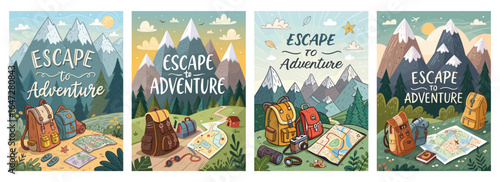 A vibrant illustration series highlighting the spirit of adventure with mountain vistas, backpacks, and maps.