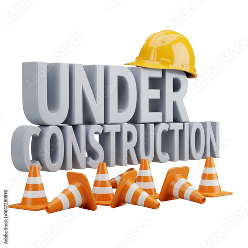 3D Under Construction sign with hard hat and traffic cones isolated on transparent background