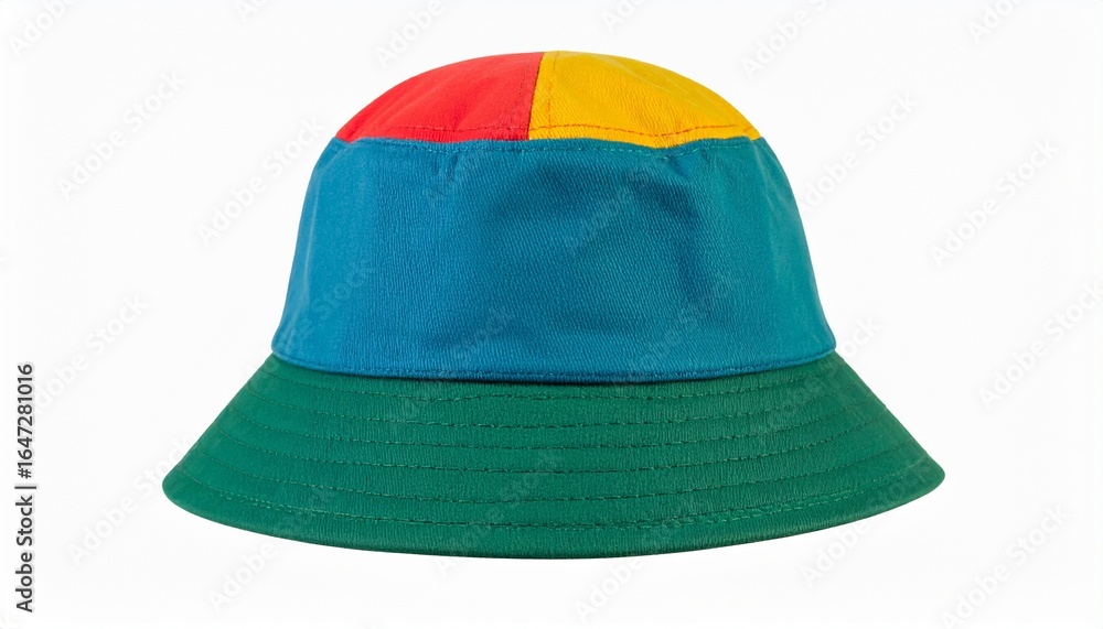 Fototapeta premium High-quality studio shot of a retro color block bucket hat featuring red, yellow, blue, and green, isolated on a pure white background.