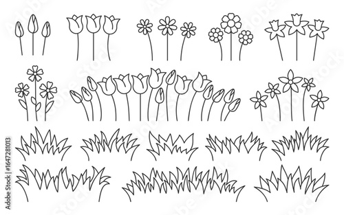 Spring blooming separate flowers and grass outline set front view. Tulip daffodil daisy chamomile, buds with stems, linear minimal cartoon colorful illustration. Soft palette, decorative plant mix
