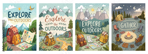 Illustrations promoting outdoor exploration, featuring camping gear and scenic mountain landscapes.