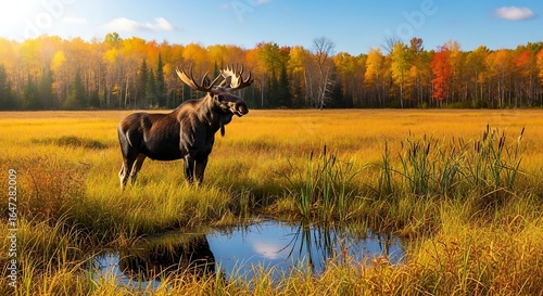 A majestic moose stands in a golden field near a pond, surrounded by autumn trees.