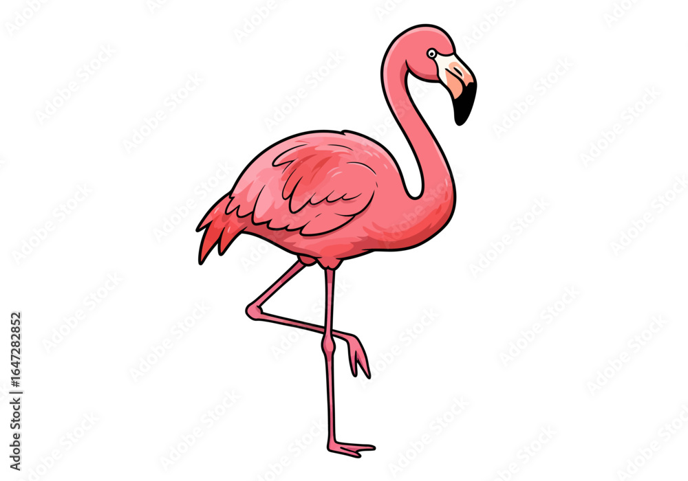 Fototapeta premium Cartoon Pink Flamingo Standing on One Leg with Black Outline