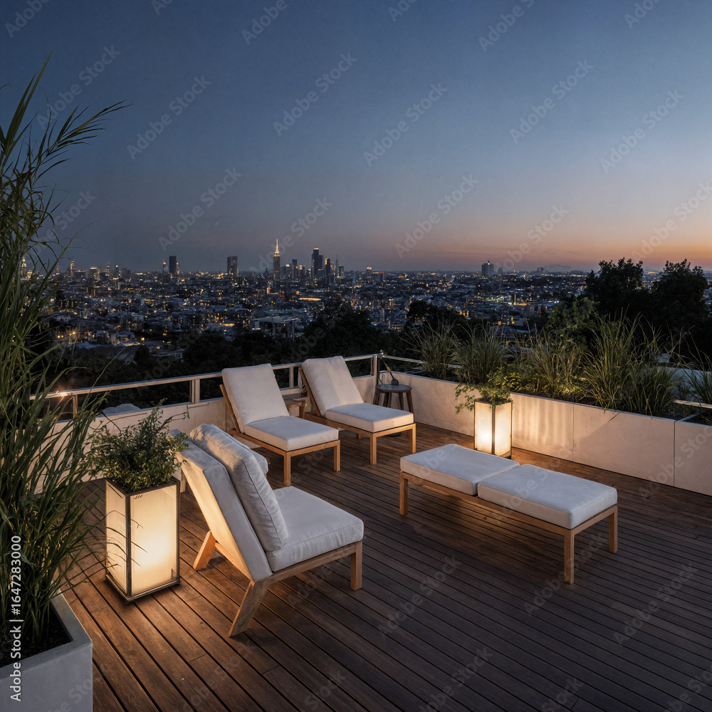 Fototapeta premium Minimalist Rooftop Garden with Wooden Decking, Lounge Chairs, and Ambient Lantern Lighting