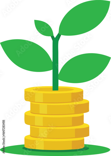 Money growth concept with plant growing from coins on transparent background