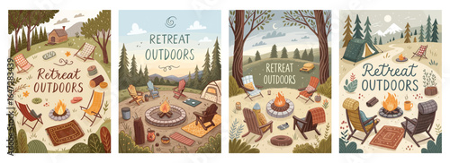 Whimsical illustrations of cozy outdoor retreats featuring campfires and relaxation spots.