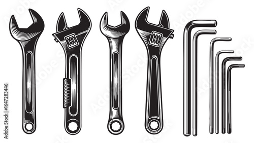 Wrenches and Allen Keys Vector Black and White Illustration Hand Tools Maintenance Repair silhouette