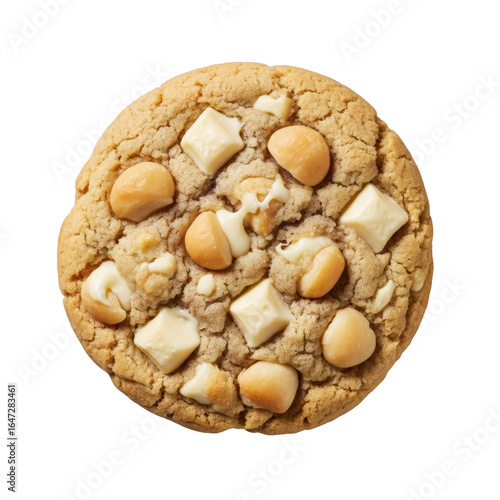 Perfectly baked golden-brown white chocolate macadamia nut cookie with melted white chocolate and macadamia nuts, isolated on transparent with soft studio light, concept of culinary perfection