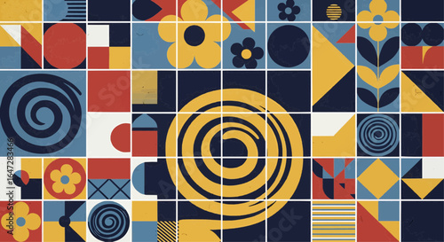 Geometric Abstraction A vibrant, colorful mosaic with floral and spiral elements, a modern design.