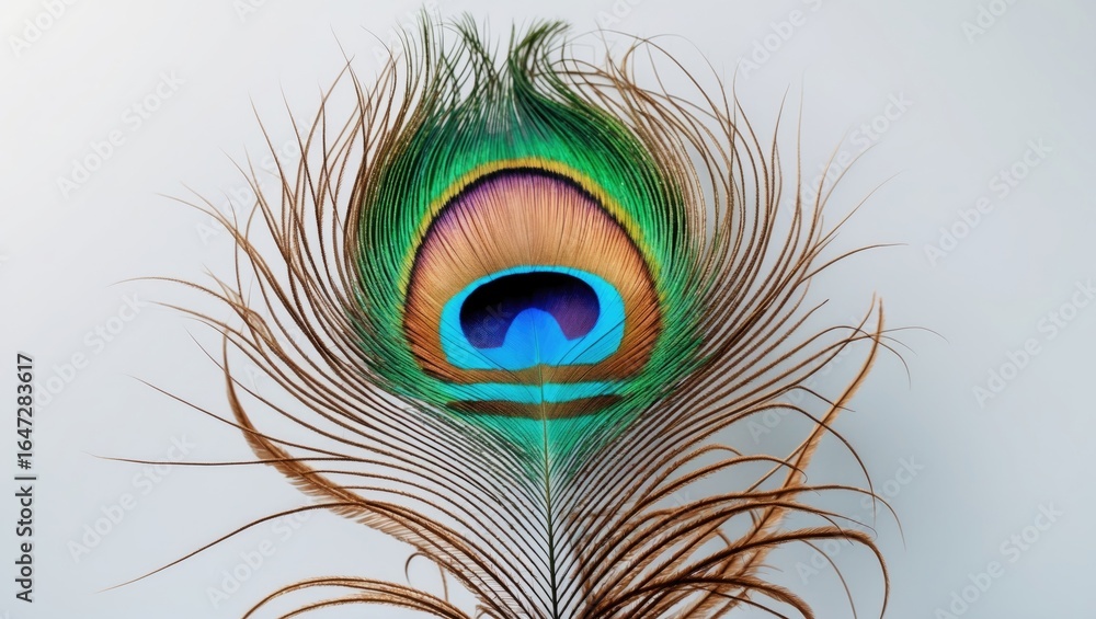 Obraz premium Colorful peacock feather displaying vibrant hues and intricate patterns. Nature and beauty, concept. Feather details and coloration. The concept of elegance and natural art.