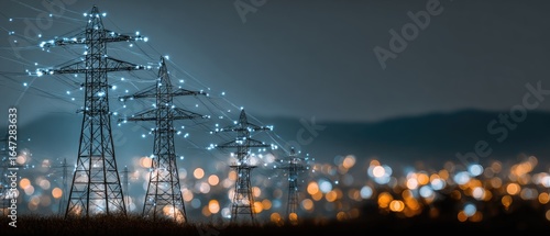 Nighttime power grid with illuminated transmission lines