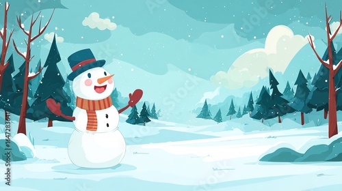 Happy Snowman in Christmas Landscape – Red-Hatted, Broom-Carrying, Amid Falling Snowflakes, Pine Trees & Snowy Forest, Sparkling with Festive Warmth in High-Resolution Magic