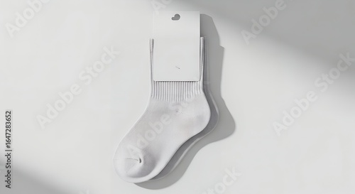 White socks mockup: flat lay photography of a pair of ankle socks with a blank label against a clean white background, showcasing