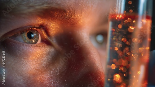 Close-up of a young person examining colorful liquid in a test tube, with a thoughtful gaze.