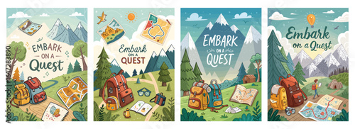 Colorful illustrated posters encouraging adventure and exploration in nature with backpacks and maps.