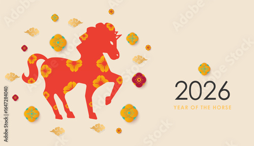 Red Horse icon, New Year's Poster 2026. flower, Horse Sign