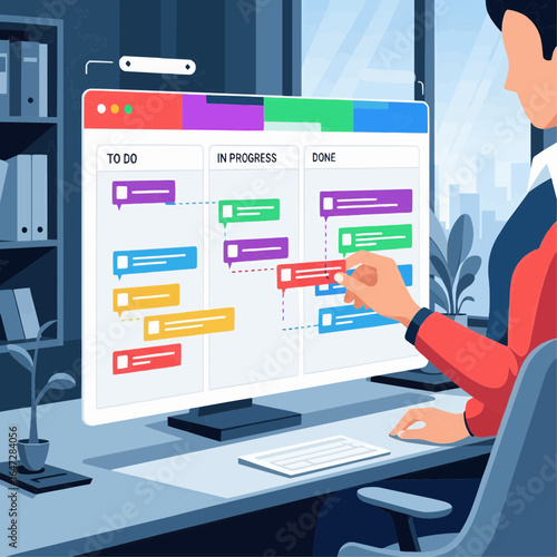 Streamlined digital workflow A professional manages tasks on an intuitive kanban board, visualizing project progress and enhancing business efficiency in a modern office environment.