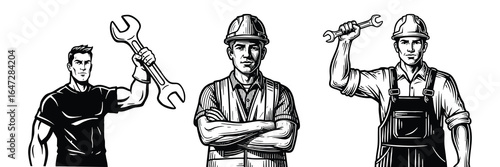 Skilled tradesmen illustrations hard work construction workers wrench labor force safety silhouette
