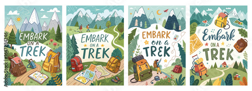 Colorful illustrated posters inviting adventure enthusiasts to embark on a trekking journey.